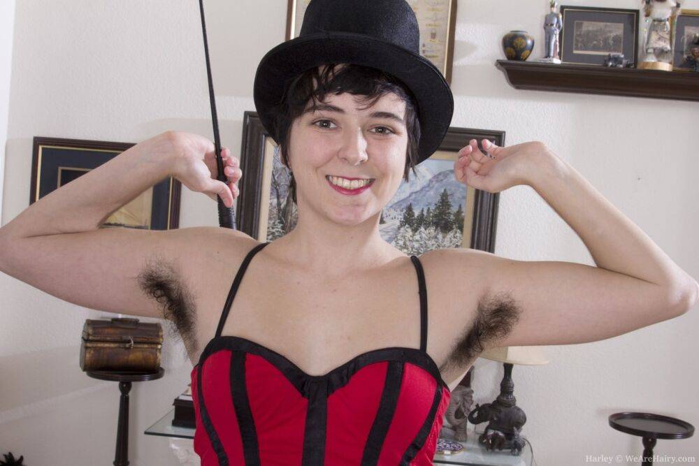 Solo girl shows off her hairy pussy and ass in a bowler hat - #14