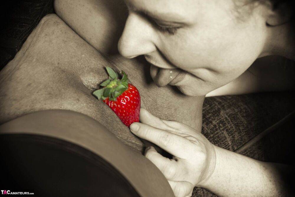 Amateur lesbians partake in foreplay with a blindfold and strawberries - #14