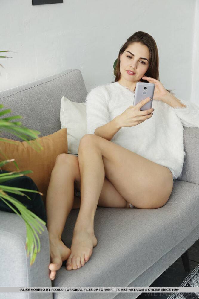 Beautiful teen Alise Moreno takes selfies while getting naked on a sofa - #3