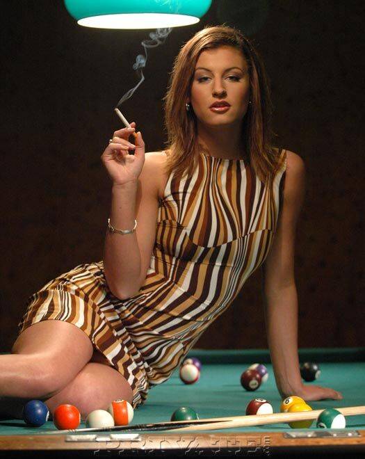 Beautiful chick smokes atop a pool table while baring her great tits and pussy - #6