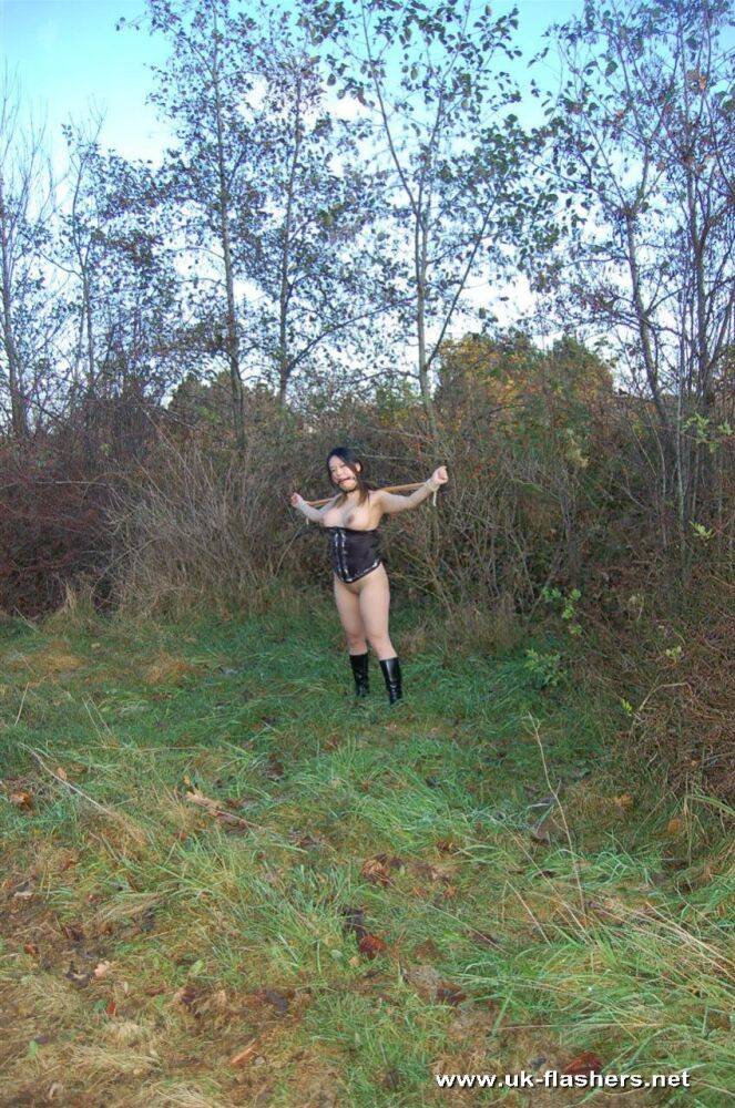 Thick Asian woman wanders the countryside in a spreader bar while ball gagged - #1