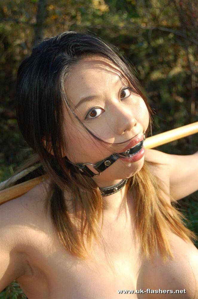 Thick Asian woman wanders the countryside in a spreader bar while ball gagged - #3