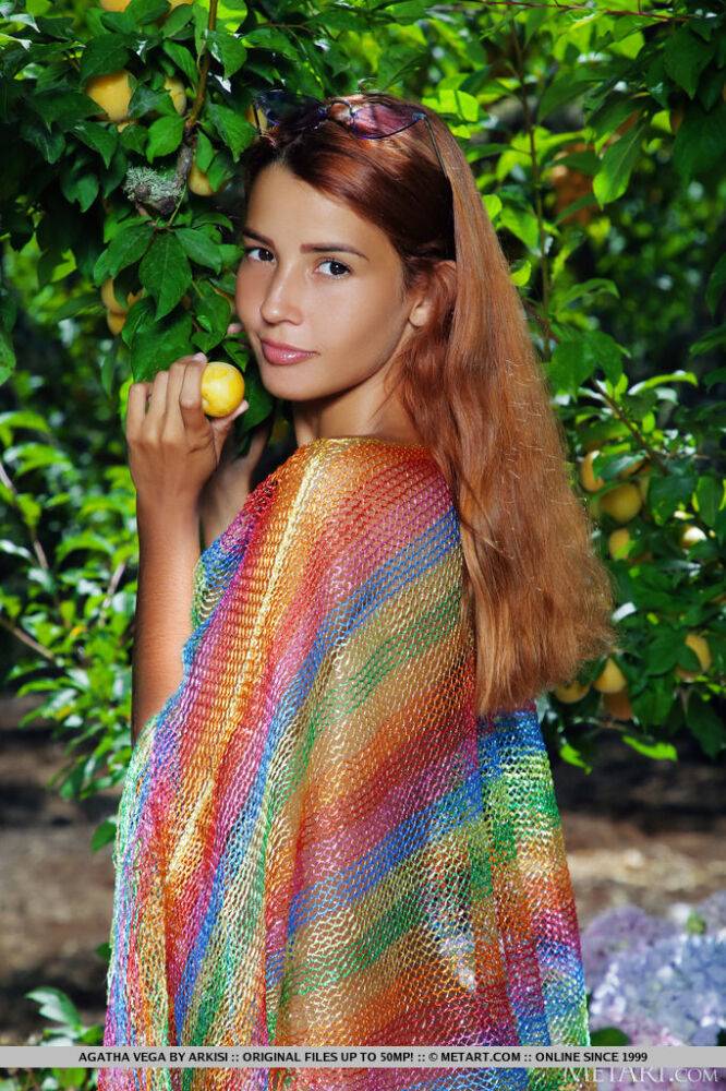 Young Latina redhead Agatha Vega removes a poncho to model nude in a garden - #6