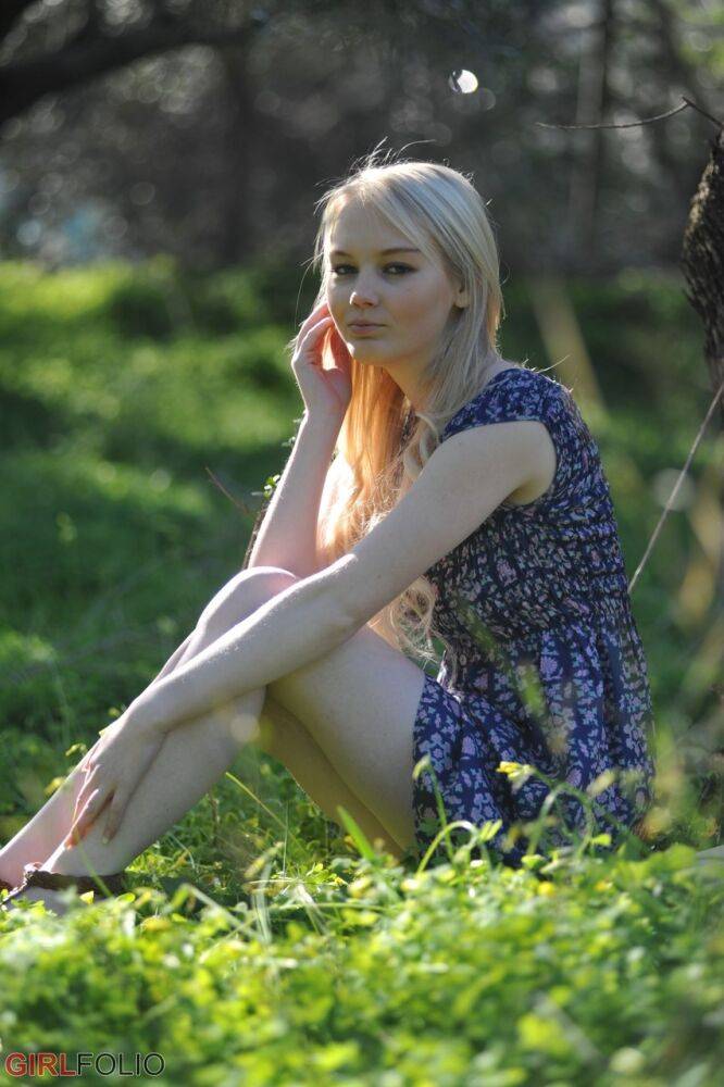 Blonde girl feels the warmth of nature on her naked body in a country setting - #11