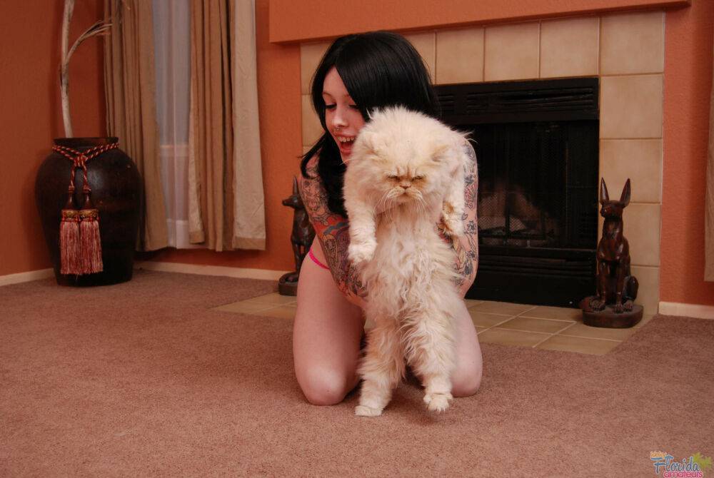 Tattooed brunette Barbie A exposes her firm tits before playing with a cat - #5