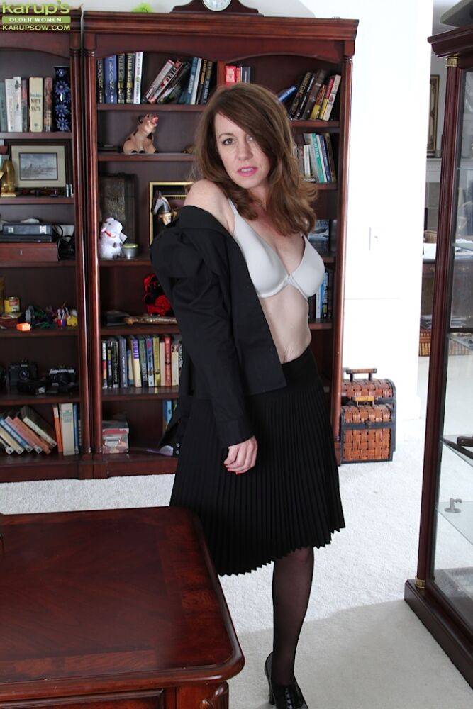 MILF over 40 Joanie Bishop is a sexy secretary in pantyhose and skirt - #4