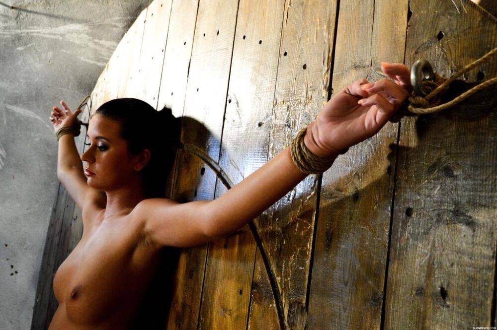 Mia Manatote is restrained to a wooden wall before painful nipple pegging - #4