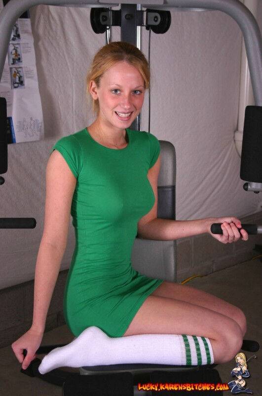 Teen solo girl models non nude in a tight dress and sport socks at the gym - #3