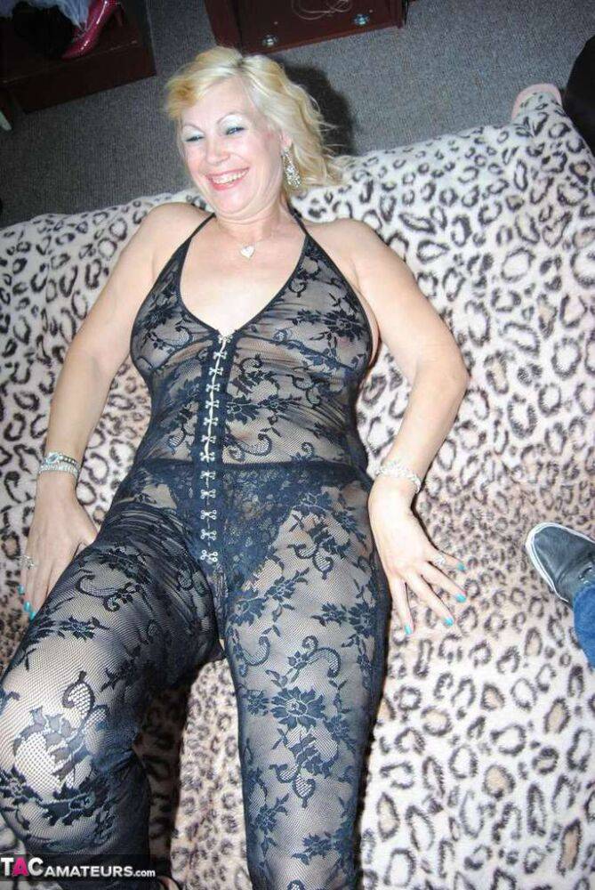 Hot older blonde Dimonty lets her saggy tits free from a sexy bodystocking - #11