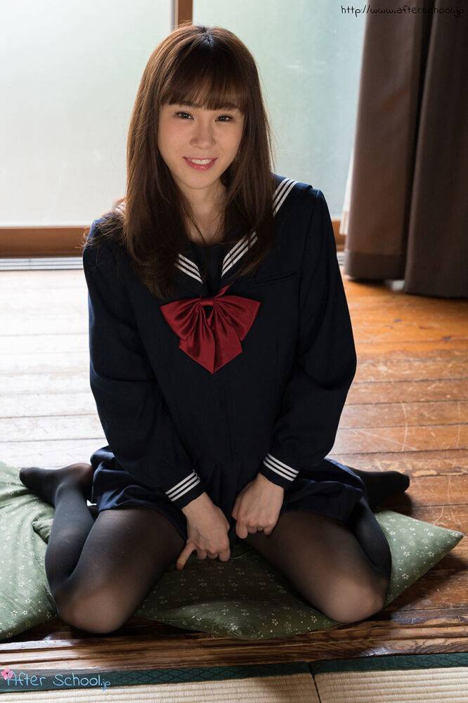 Japanese student releases her slim body from her school outfit on a cushion - #12