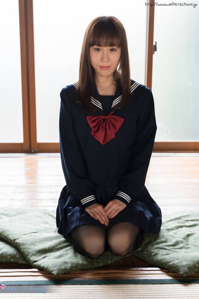 Japanese student releases her slim body from her school outfit on a cushion - #5