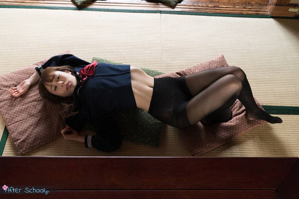 Japanese student releases her slim body from her school outfit on a cushion - #11