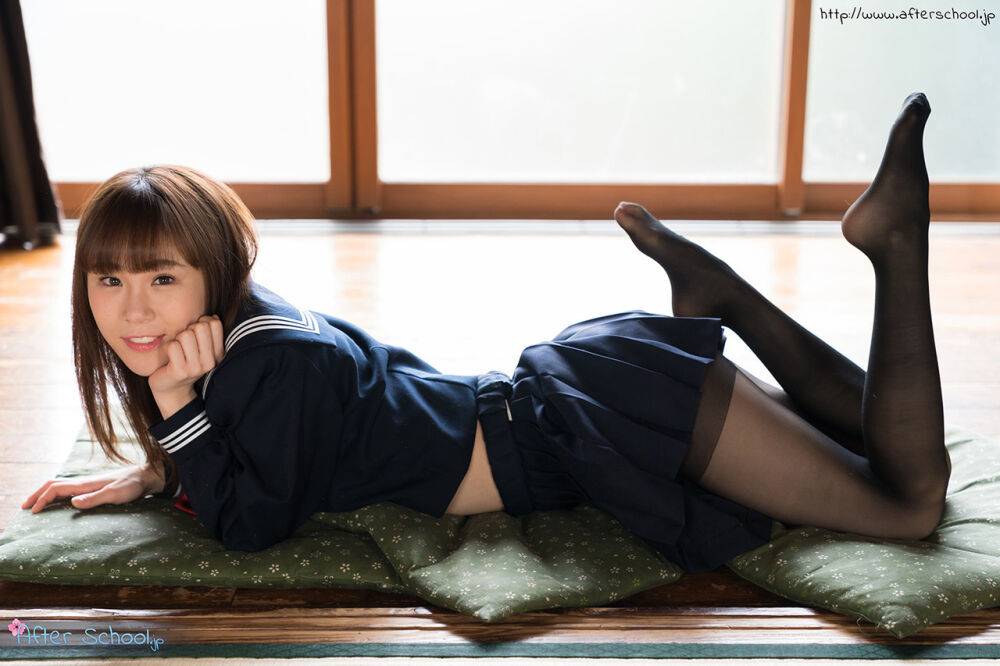 Japanese student releases her slim body from her school outfit on a cushion - #6
