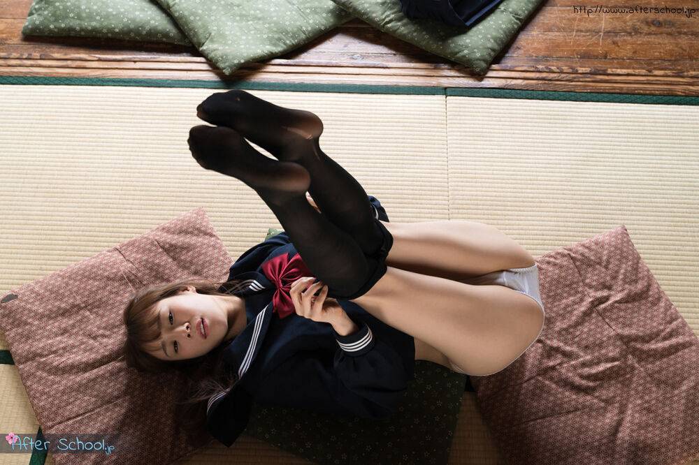 Japanese student releases her slim body from her school outfit on a cushion - #16