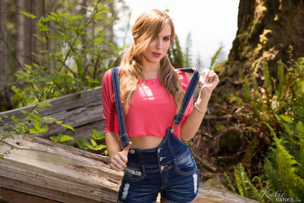 Beautiful busty Katie Banks in pigtails outdoors spreading to finger on a log | Photo: 2493521