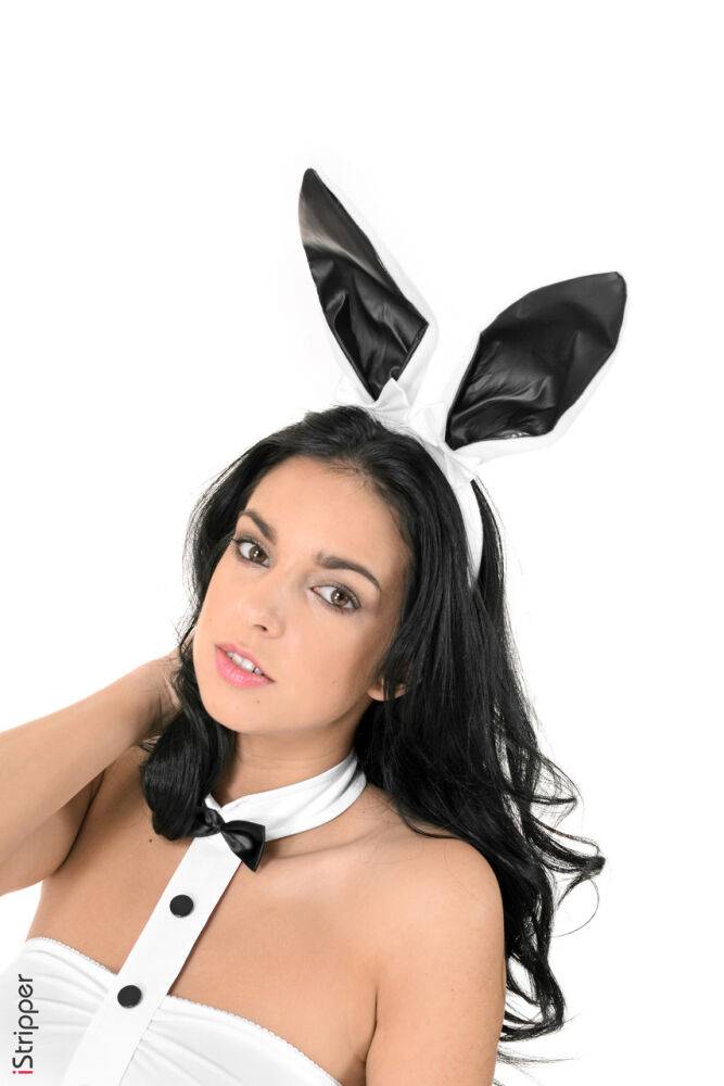 Hot brunette in bunny ears and a short skirt Foxxi Black does a striptease - #3