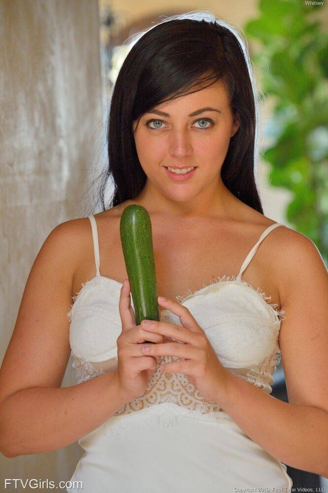 Brunette teen flashes in the park and on the road before a cucumber insertion - #4