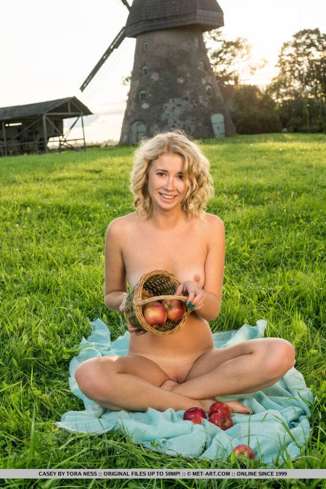 Blonde teen Casey eats an apple while getting naked in a farmer's field - #10