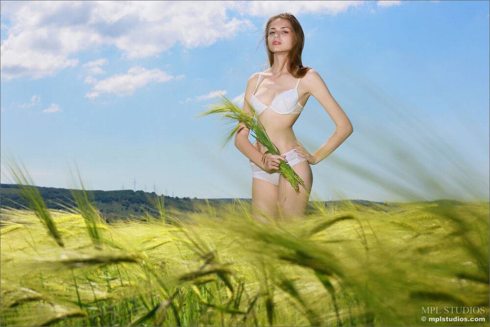 Sweet girl stands totally naked by herself in a field of crops - #2