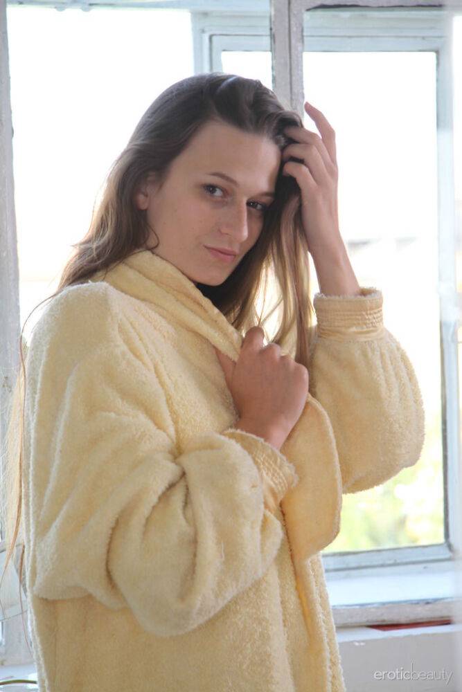 Tall teen Monna Dark releases her slender body from a bathrobe in her bedroom - #12