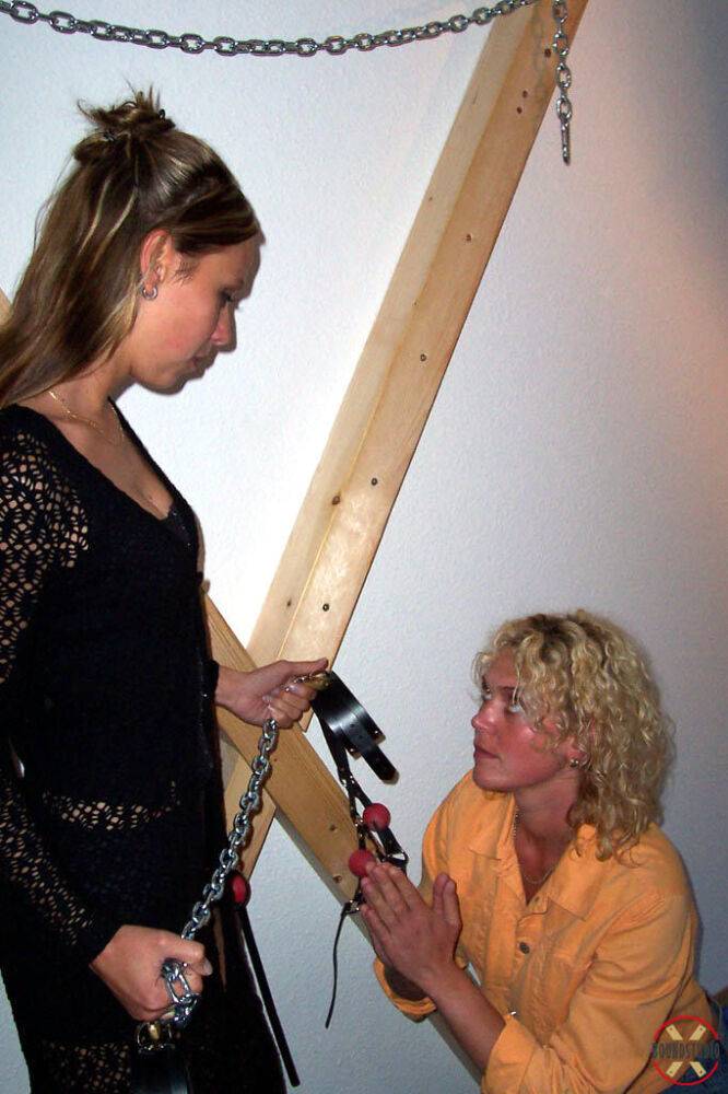 Blonde Lea is affixed to a St Andrew's Cross by a dominant lesbian - #2