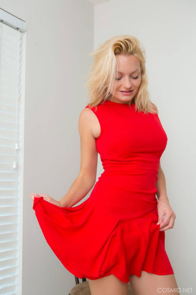 Natural blonde sets her great body free of a red dress during solo action - #10