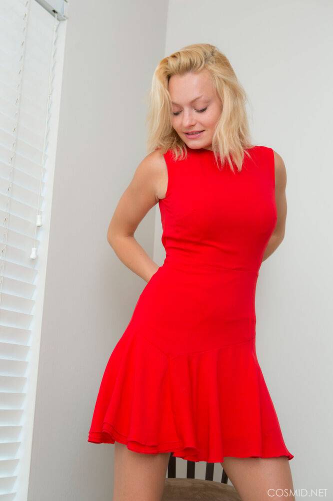 Natural blonde sets her great body free of a red dress during solo action - #13