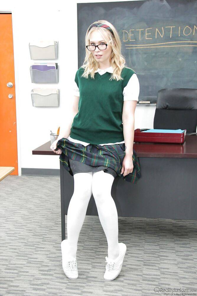 Blonde cutie Dakota James flashing white panties under skirt in classroom - #7