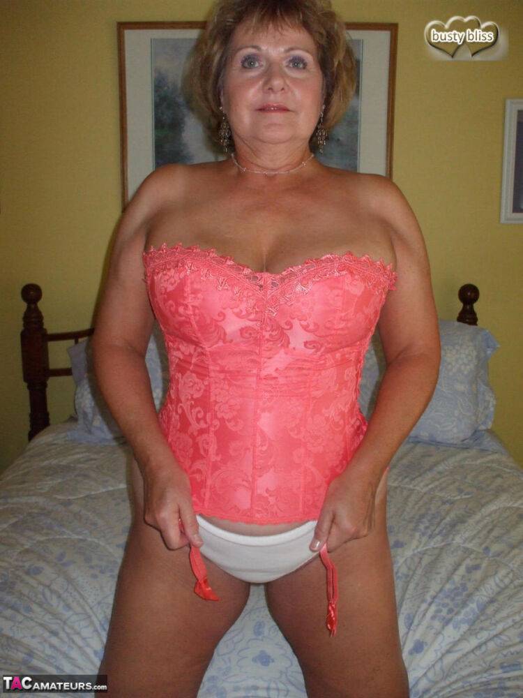 Older lady Busty Bliss looses her boobs from a corset before cock play - #14