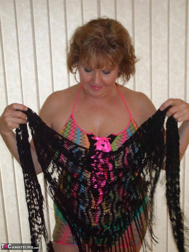 Mature wifey Busty Bliss posing in her exotic see through mesh top - #9