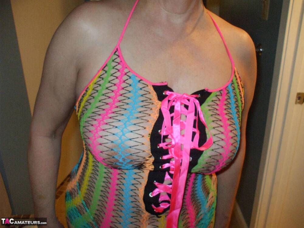 Mature wifey Busty Bliss posing in her exotic see through mesh top - #14