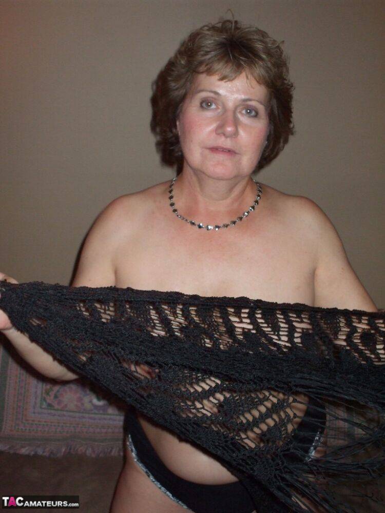 Erotic mature wife Busty Bliss shes lace shawl to spread topless in sexy thong - #3