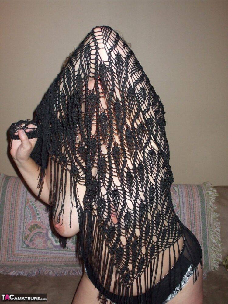 Erotic mature wife Busty Bliss shes lace shawl to spread topless in sexy thong - #15