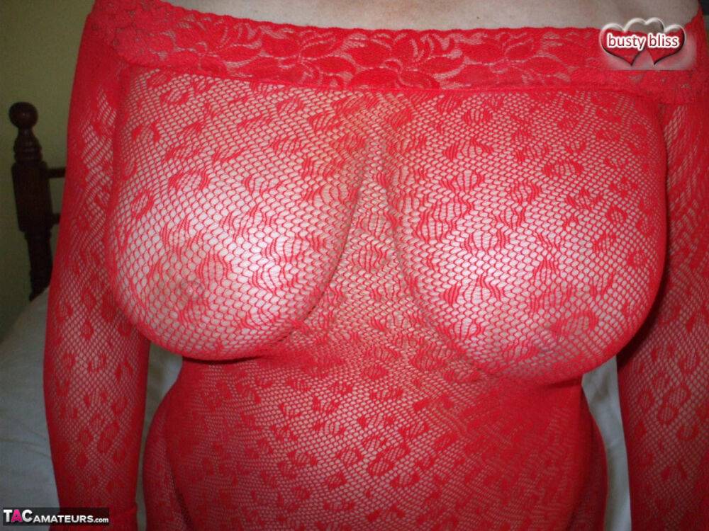 Mature amateur Busty Bliss models sheer lingerie before tugging on a cock - #10