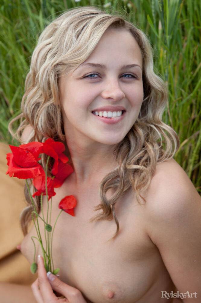 Sweet blonde teen Luciana models totally naked in fields of wild flowers - #2