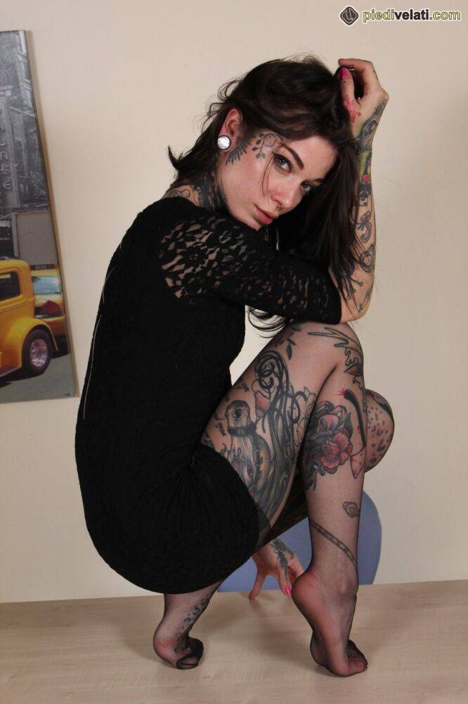 Hot tattooed secretary doffs her glasses & models sexy legs in black pantyhose - #5