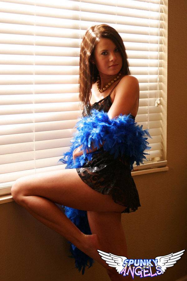 Brunette teen models non nude in black lingerie and a blue boa - #6