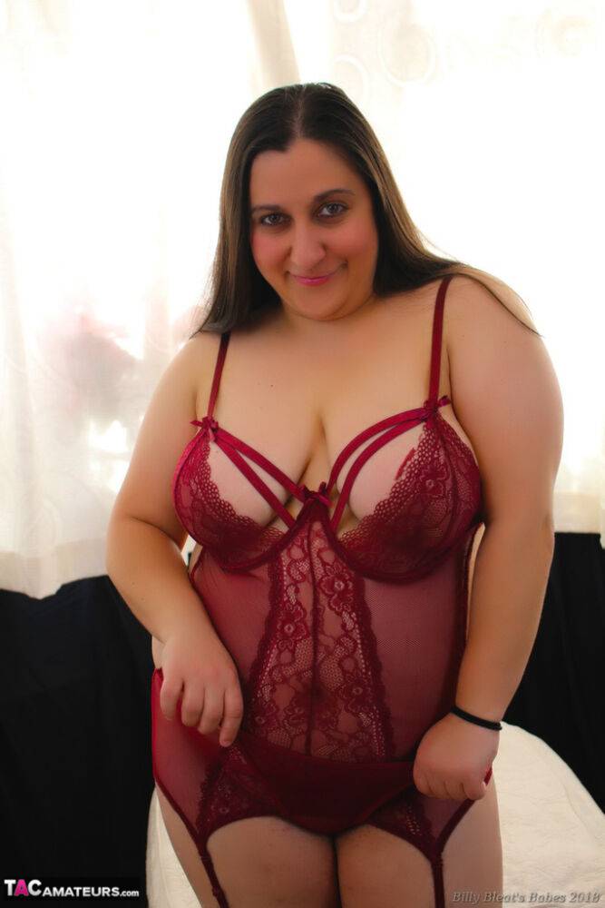 Fat older lady Kimberly Scott models non nude in wine toned lingerie & hosiery - #13