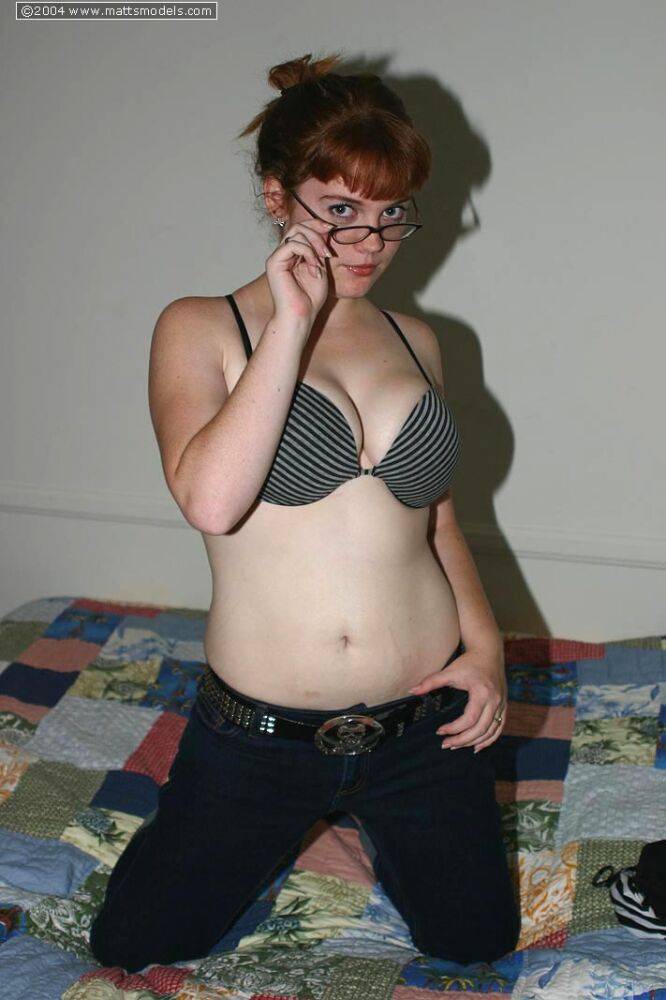 Chubby nerd with red hair takes off her glasses after uncupping big naturals - #13