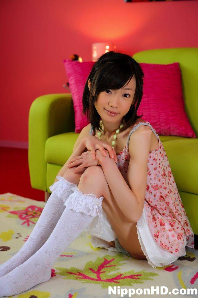 Petite Japanese girl with a pretty face models non nude in knee socks - #7