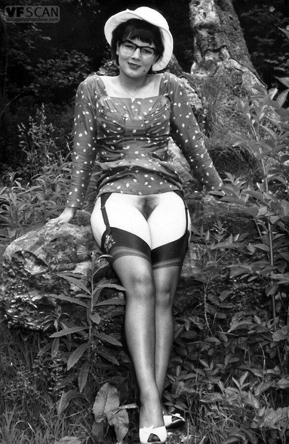 Smoking hot retro models lift their skirts to show hairy pussies in the woods - #9