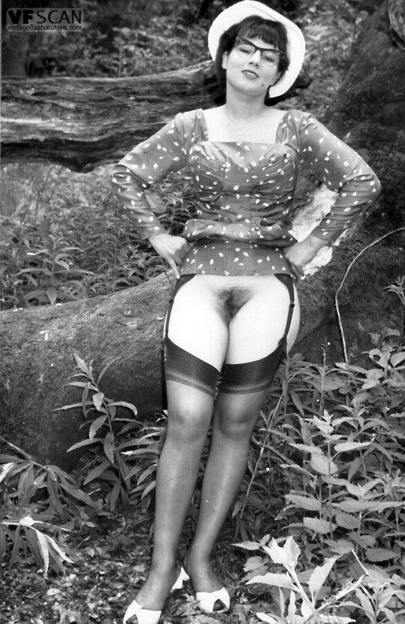 Smoking hot retro models lift their skirts to show hairy pussies in the woods - #7