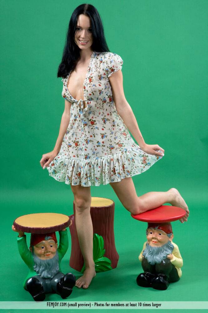 Dark haired girl Gwen models totally naked amid Garden Gnomes - #11