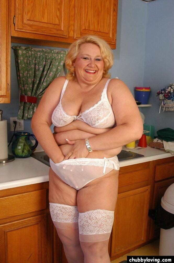 Older fat lady Britany models white stockings and underwear in the kitchen - #5