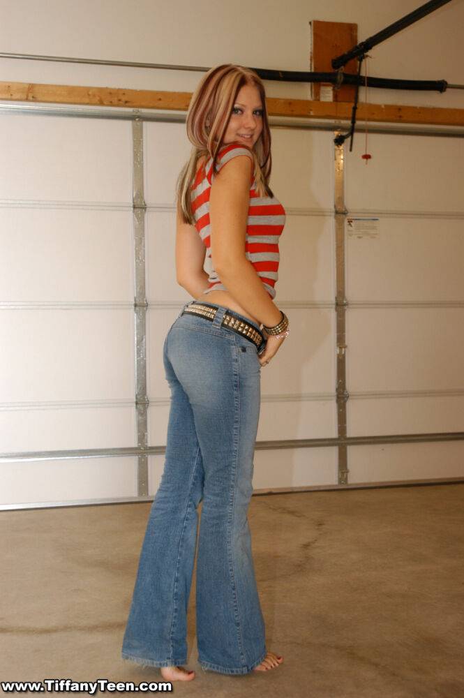 Barefoot teen Tiffany models non nude in bell bottom jeans out in the garage - #5