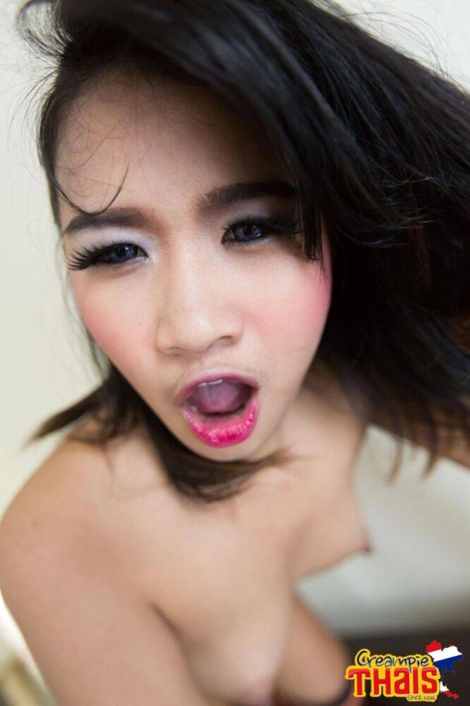 Petite Asian girl Cheeky models striped OTK socks before licking a cock - #10