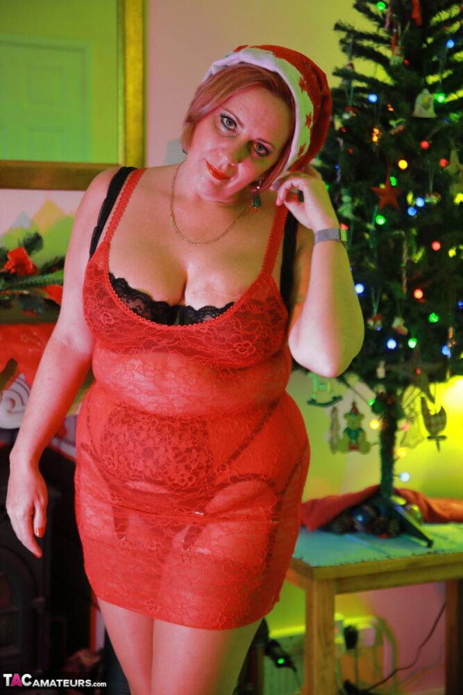 British BBW Curvy Claire models lingerie and boots in a Christmas cap - #10