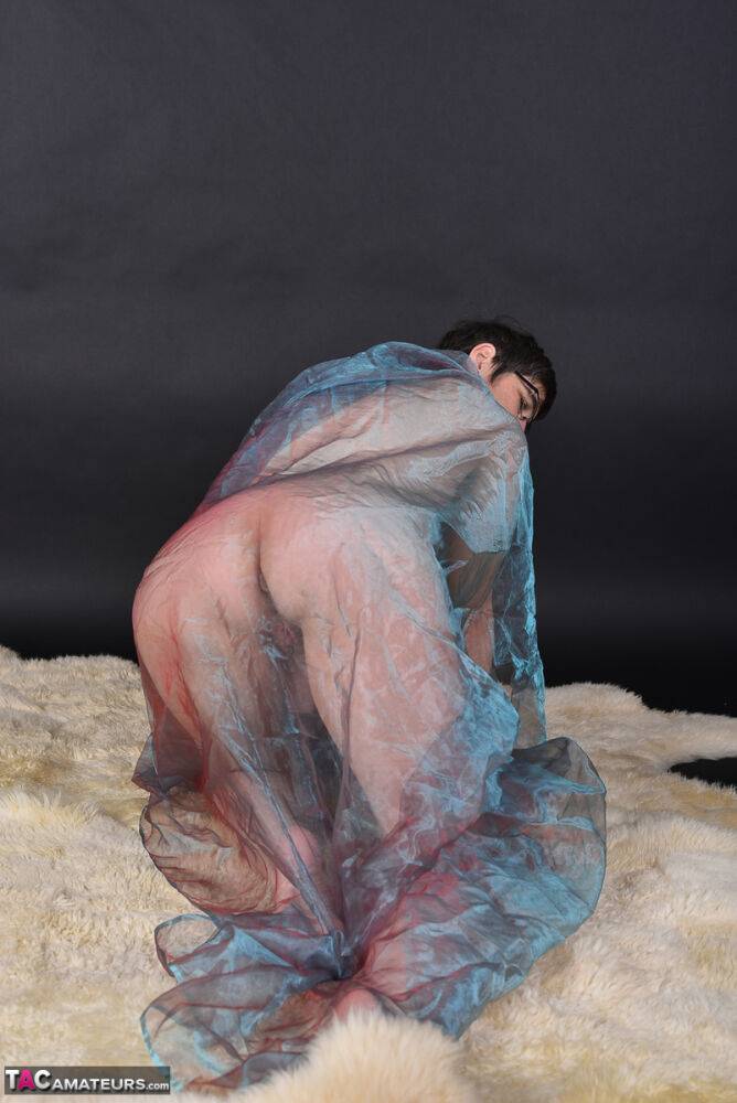 Middle-aged amateur models totally naked while wrapped up in sheer fabric - #7