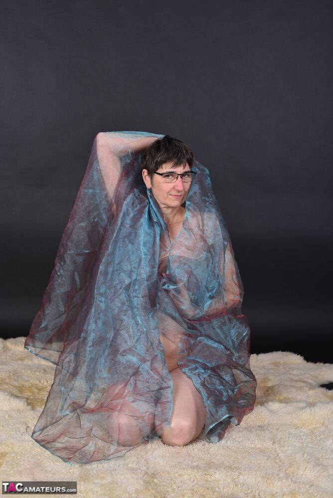 Middle-aged amateur models totally naked while wrapped up in sheer fabric - #4