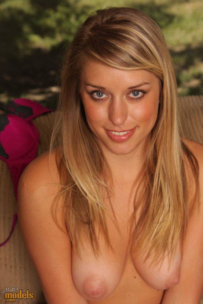 Blonde girl Eva doffs a bra and panty combo for her first nude poses - #15